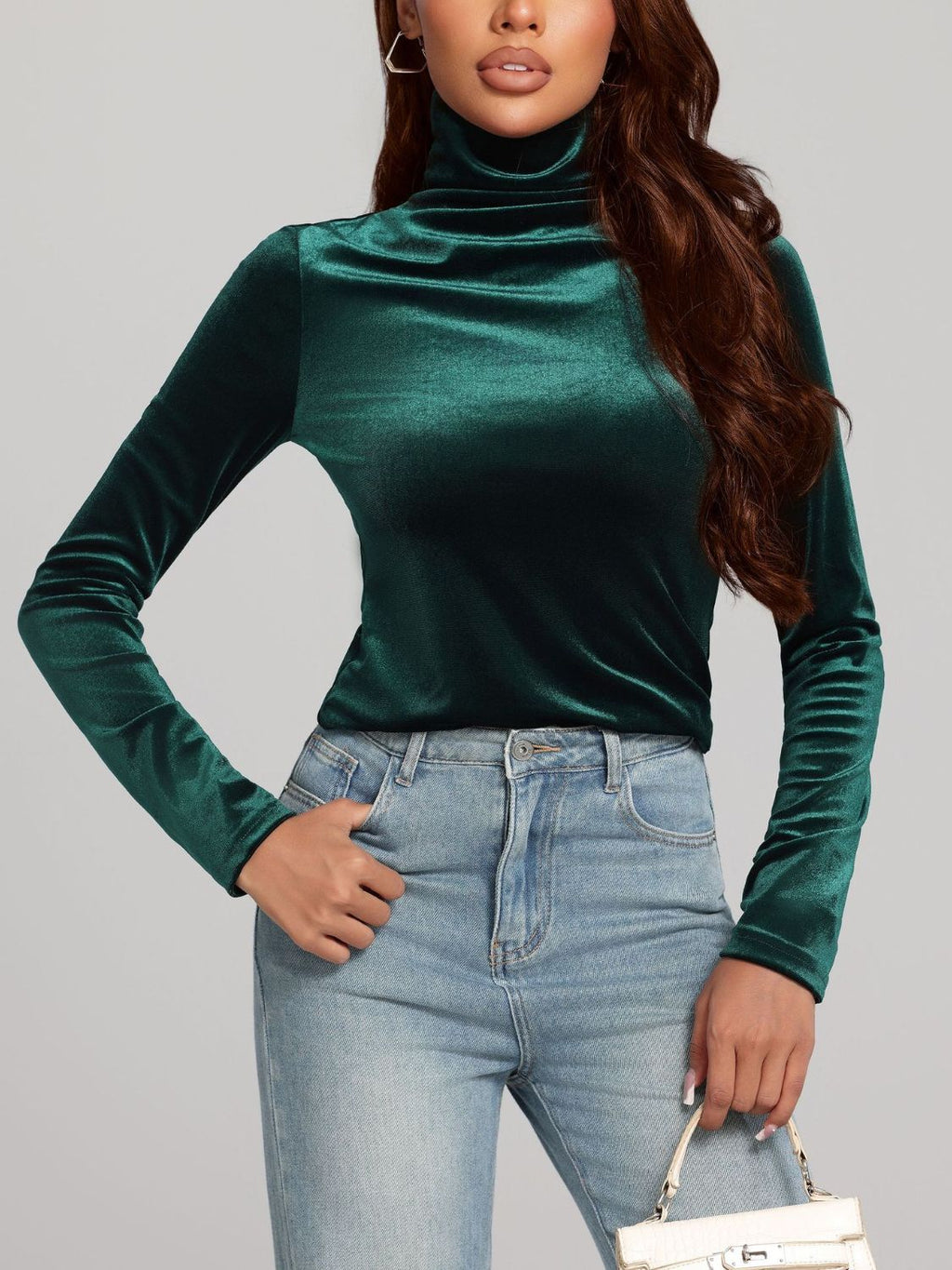Emerald Green Velvet Turtleneck Long Sleeve Top - Image 5