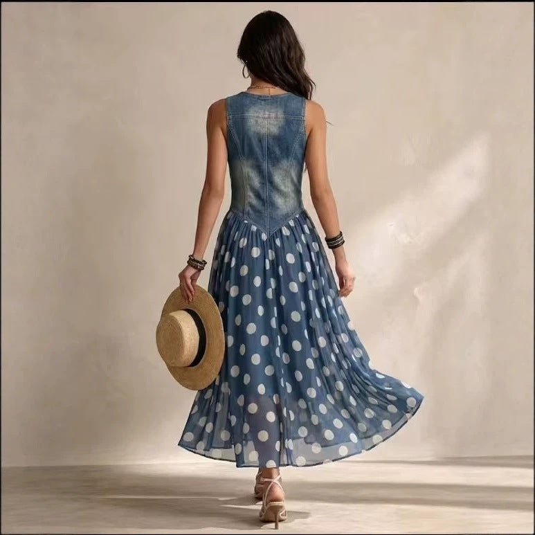 Denim Bodice Polka Dot Chiffon Skirt Sleeveless Midi Dress