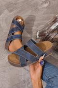 Kayla Band retro platform slippers in blue and brown faux suede with cross-band design