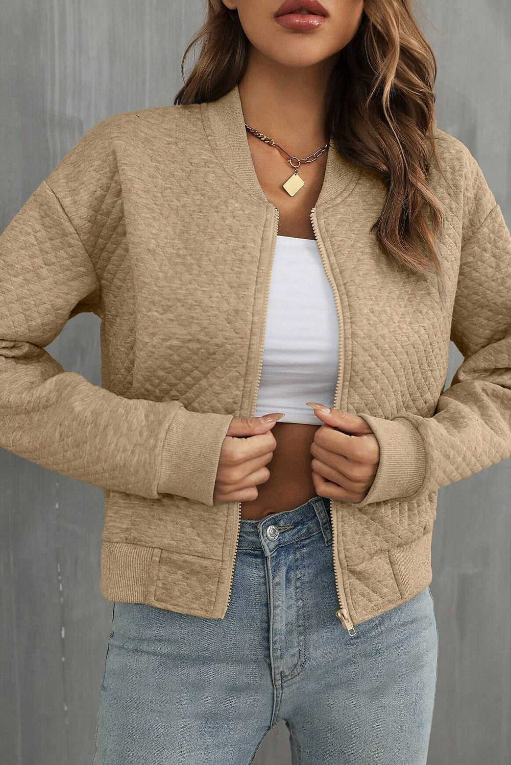Pale Khaki Textured Baseball Collar Jacket
