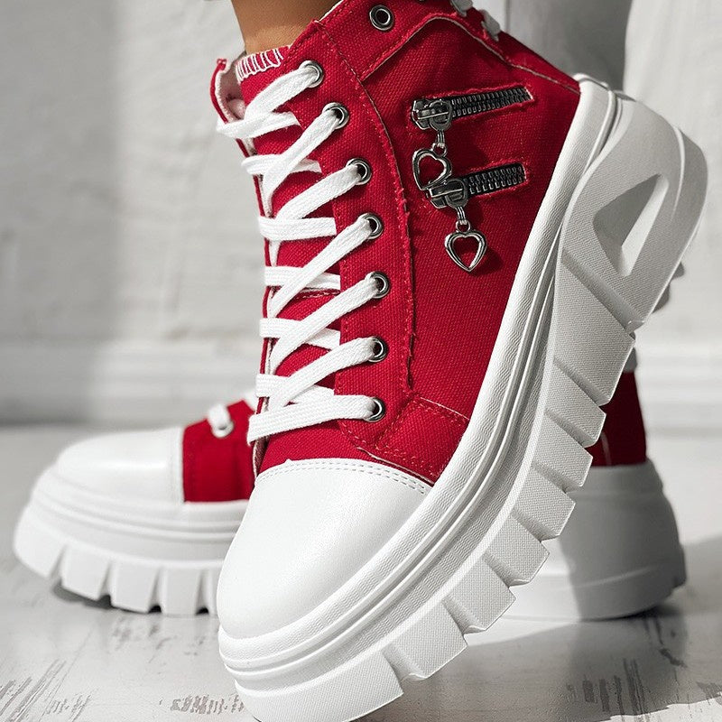 Women Red Side-Zipper Dual Lace-Up Platform Casual Sneakers