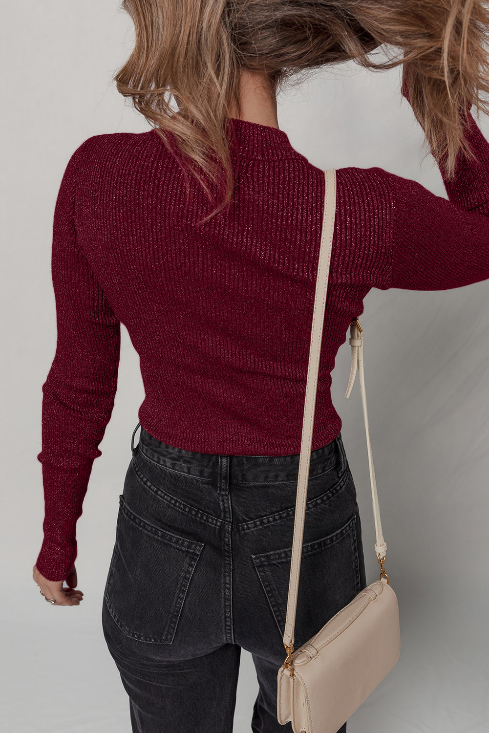 Solid Metallic Ribbed Knit Long Sleeve Top