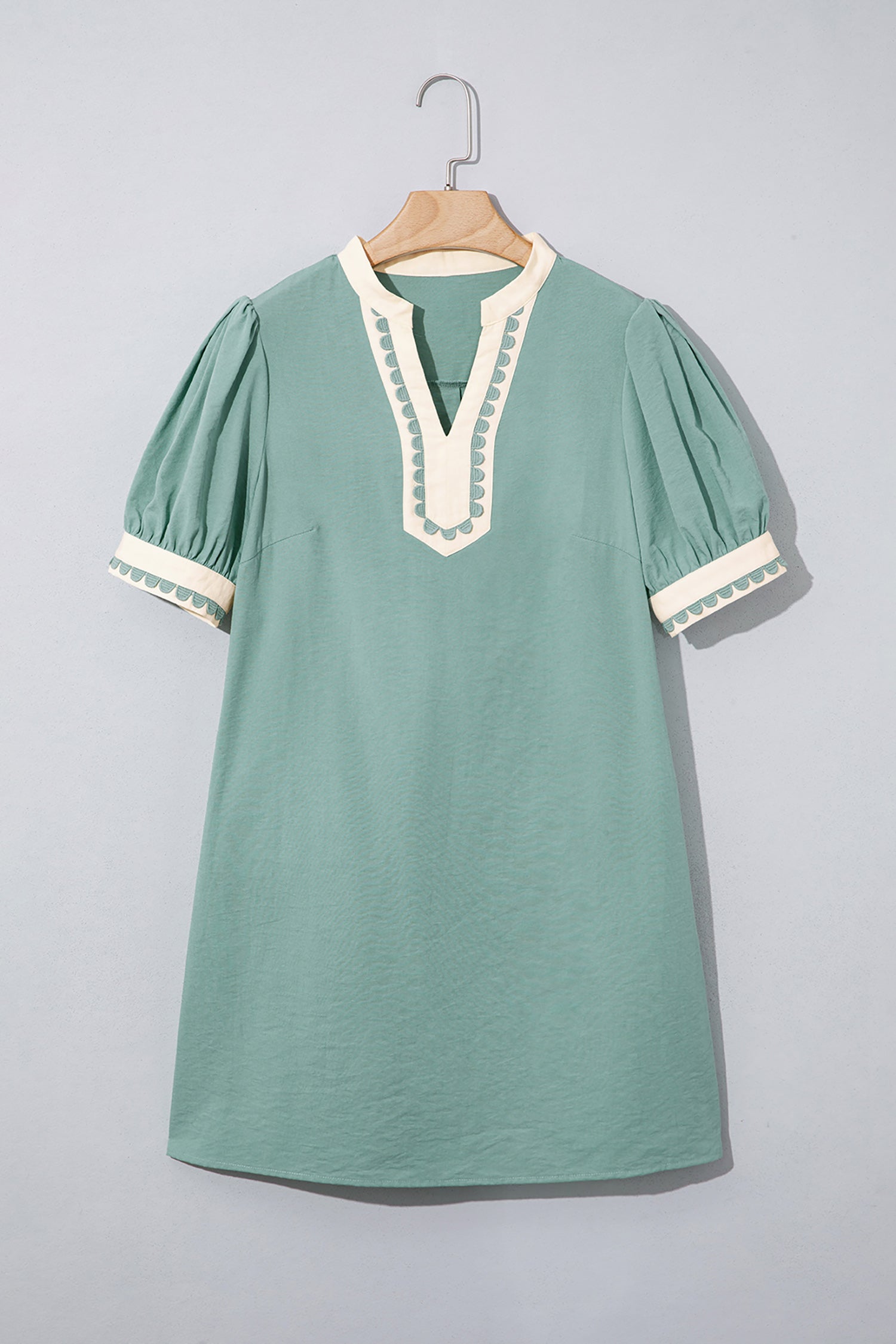Canton Scallop Color Block Trim Puff Sleeve Mini Dress