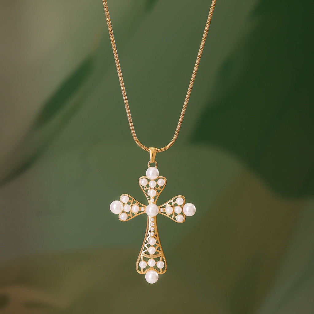 18K gold cross inlaid pearl design exquisite noble necklace