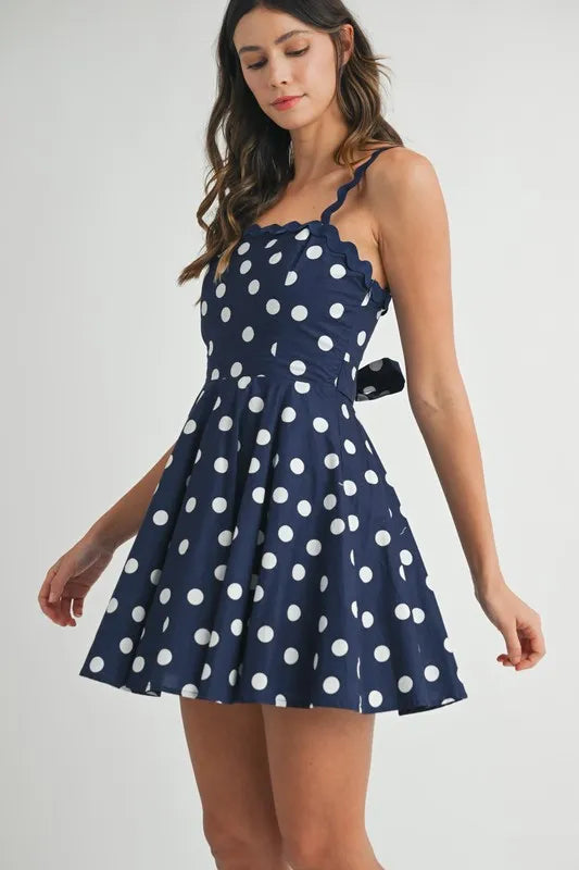 Navy Blue Polka Dot Mini Dress with Ricrac Trim Strap