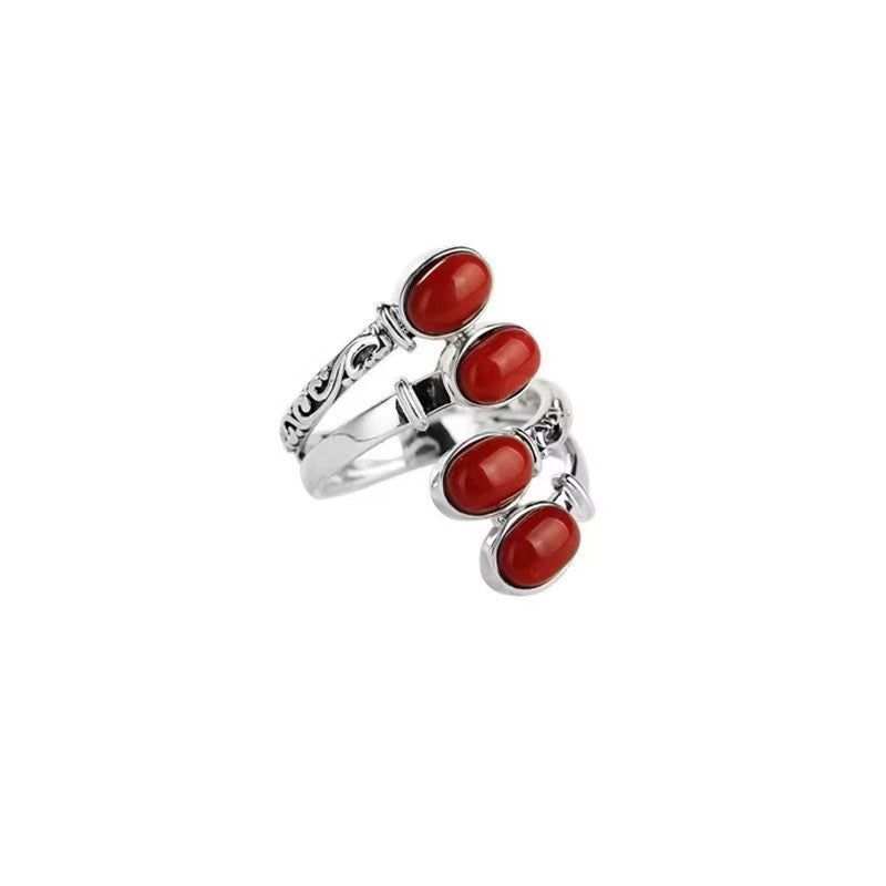 New Cross-Border Fashion Exaggerated Red Turquoise Ring European And American Creative Retro Opening Adjustable Ethnic Style Unisex