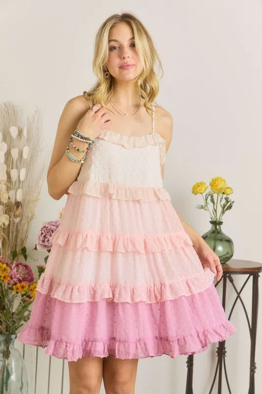 Swiss Dot Ruffled Tiered Mini Dress for Summer