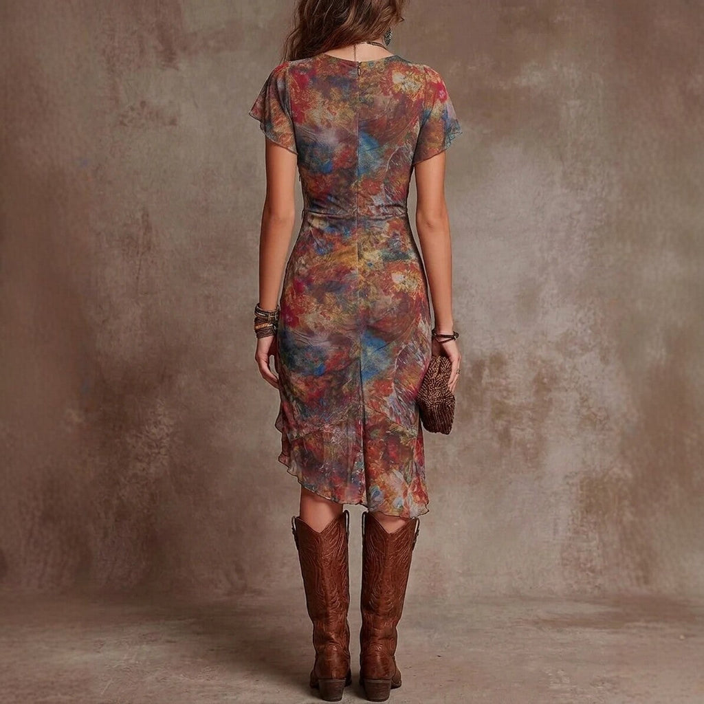 Women's Slim-Fit Printed V-Neck Defined Waist Midi Dress