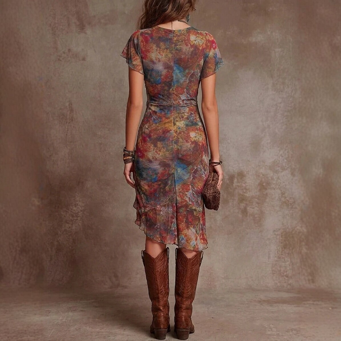 Women's Slim-Fit Printed V-Neck Defined Waist Midi Dress
