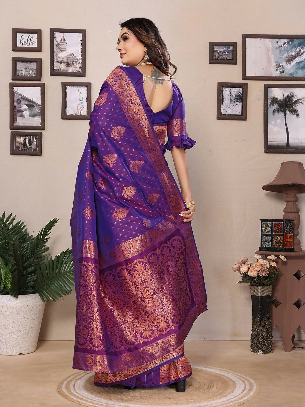 Purple Banarasi Woven Soft Silk Saree with Matching Blouse