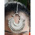 Oxidized silver chandbali maang tikka with decorative hanging drops