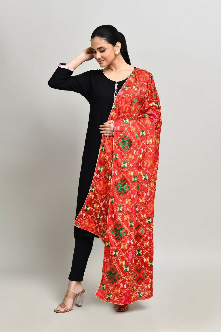 Multi Color Cotton Phulkari Dupatta with Geometric Embroidery
