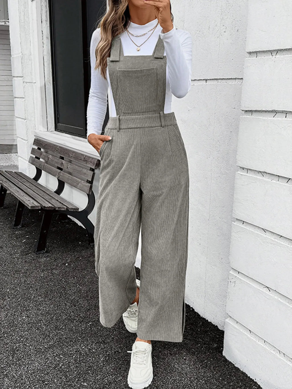 Slit Wide Leg Overalls with Pockets
