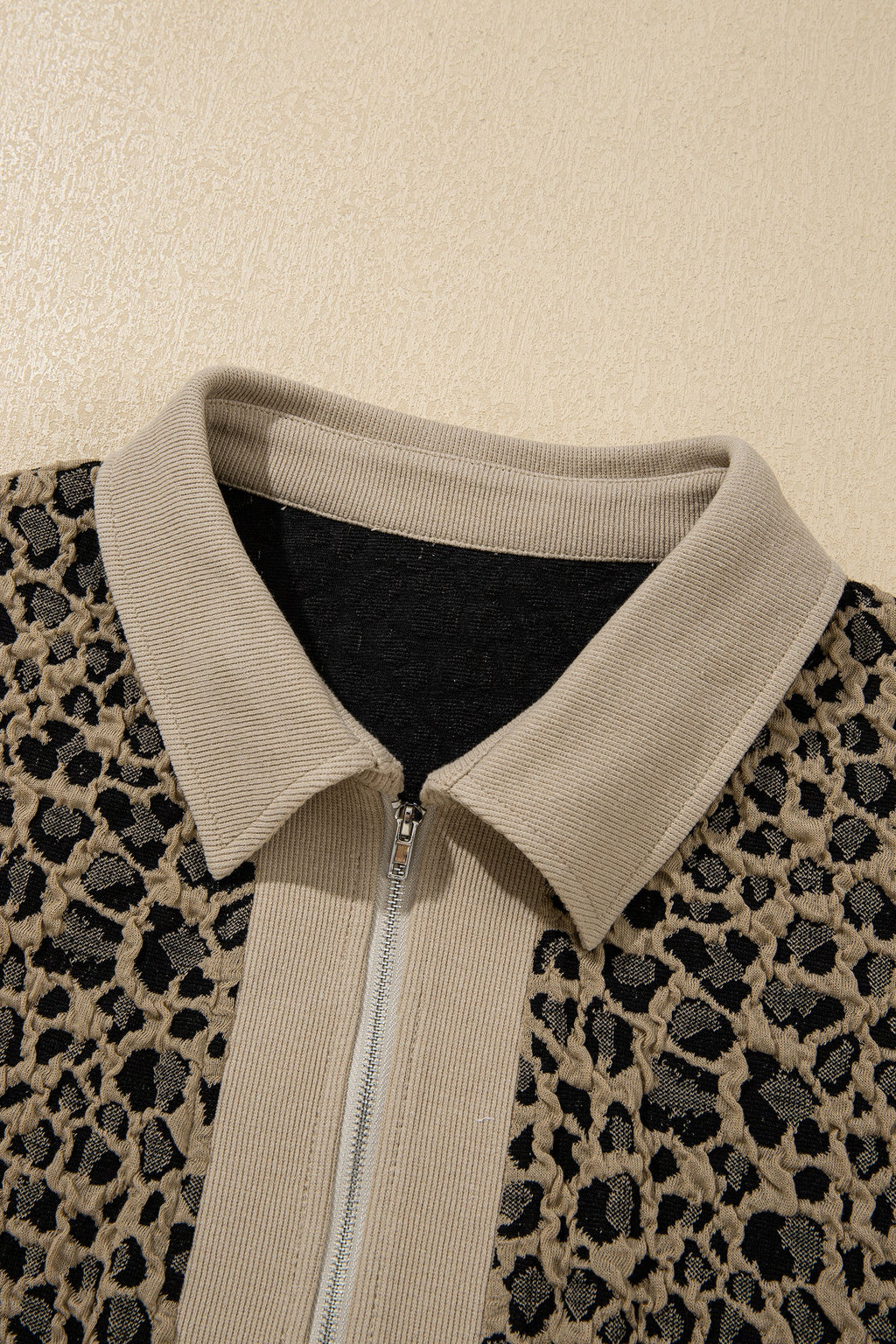 Veda Collar Cuffed Sleeve V-Neck Top in Beige and Black