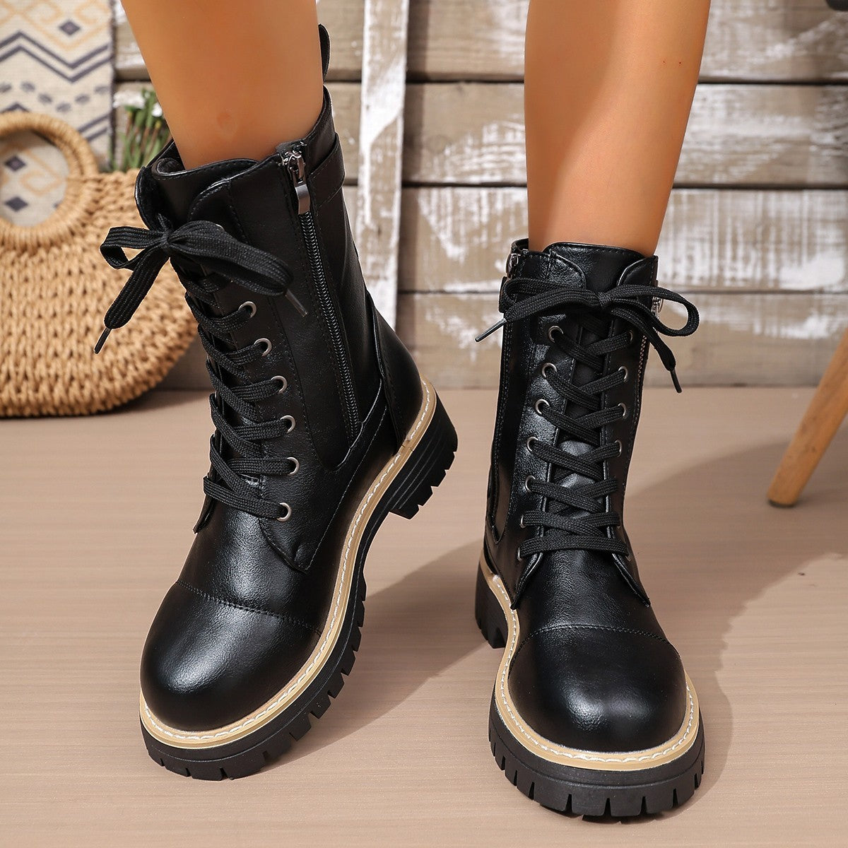Women’s Solid Color Lace Up Mid Boots with Side Zipper and Low Heel
