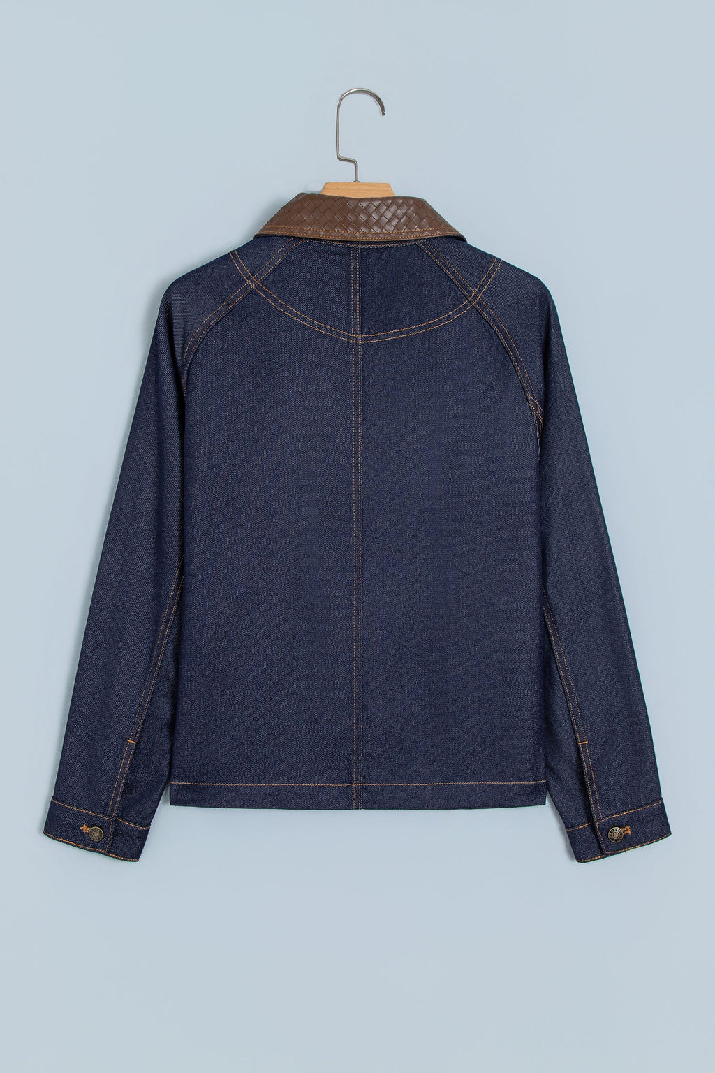 Faux Leather Contrast Collar Buttoned Denim Jacket