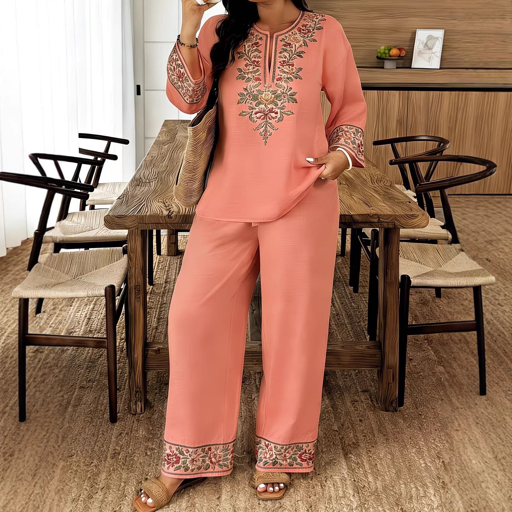 Women's Ethnic Floral Embroidered Long Sleeve Two Piece Set - Image 3