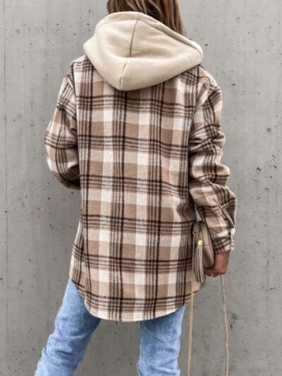 Camel Plaid Button Up Jacket with Removable Hood