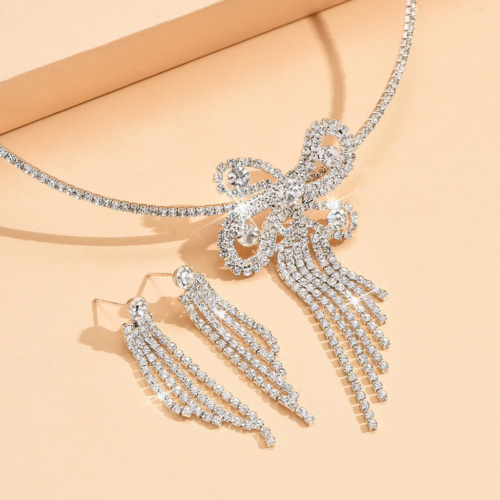 Women Full Paved Bow Tassel 2Pcs CZ Jewelry Set, V Tennis Choker Matching Long Fringe Drop Earrings Gold Rhodium Two Tone Plated For Wedding Pageant Evening Valentine Gift