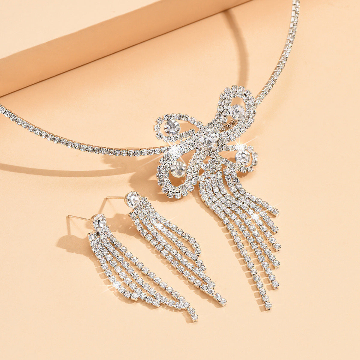 Women Full Paved Bow Tassel 2Pcs CZ Jewelry Set, V Tennis Choker Matching Long Fringe Drop Earrings Gold Rhodium Two Tone Plated For Wedding Pageant Evening Valentine Gift