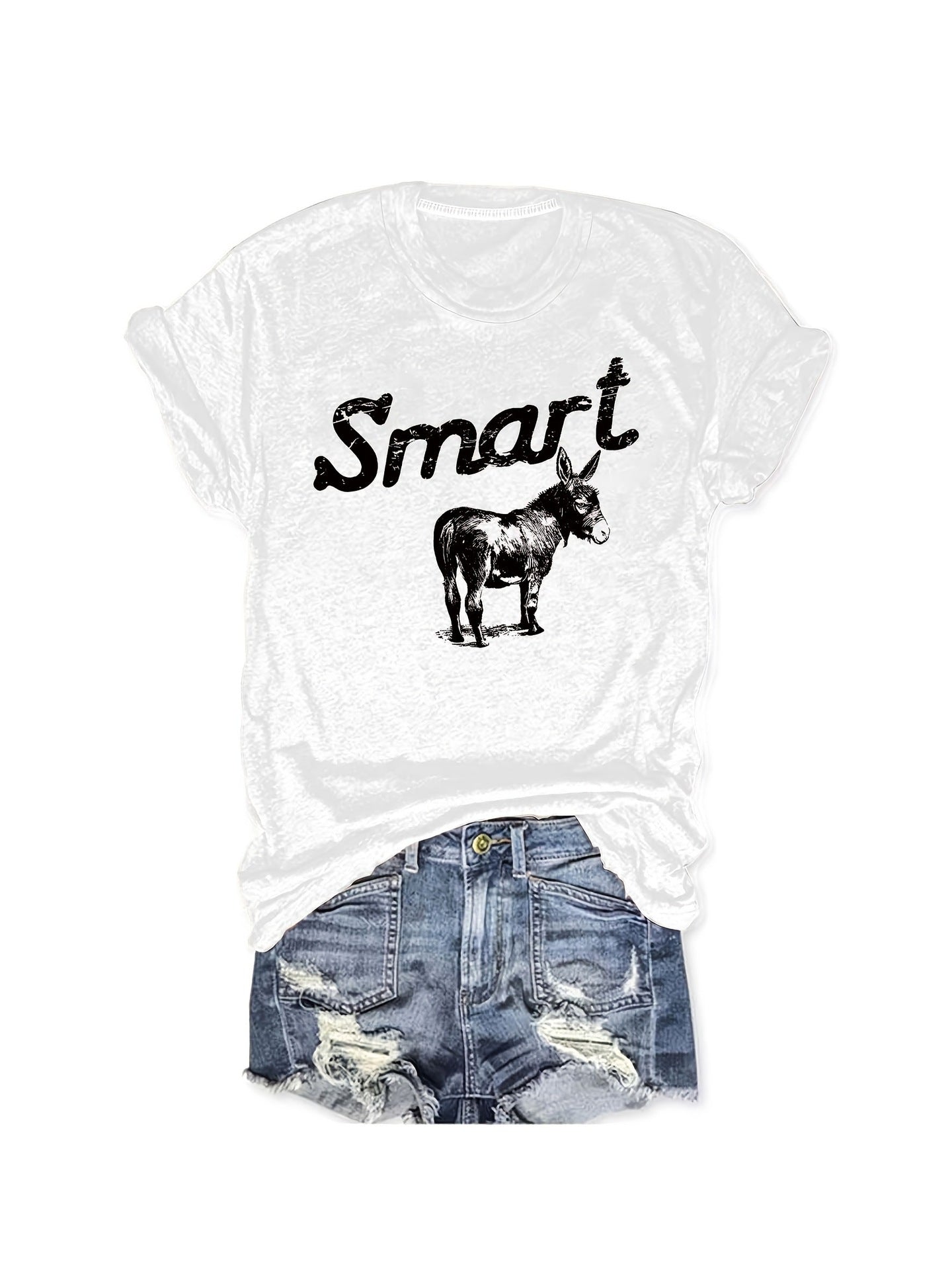 Women's Round Neck Short Sleeve T-Shirt Grey Donkey Graphic Tee