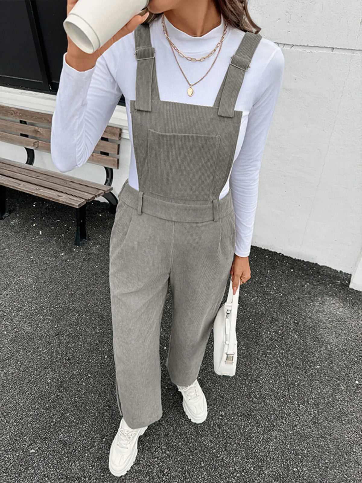 Slit Wide Leg Overalls with Pockets