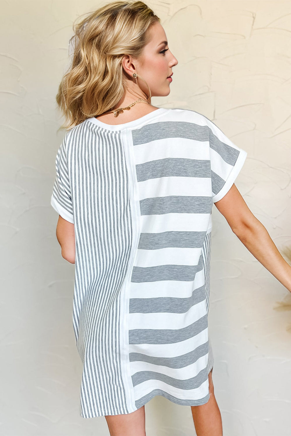 Gray Striped Round Neck Short Sleeve Mini Tee Dress