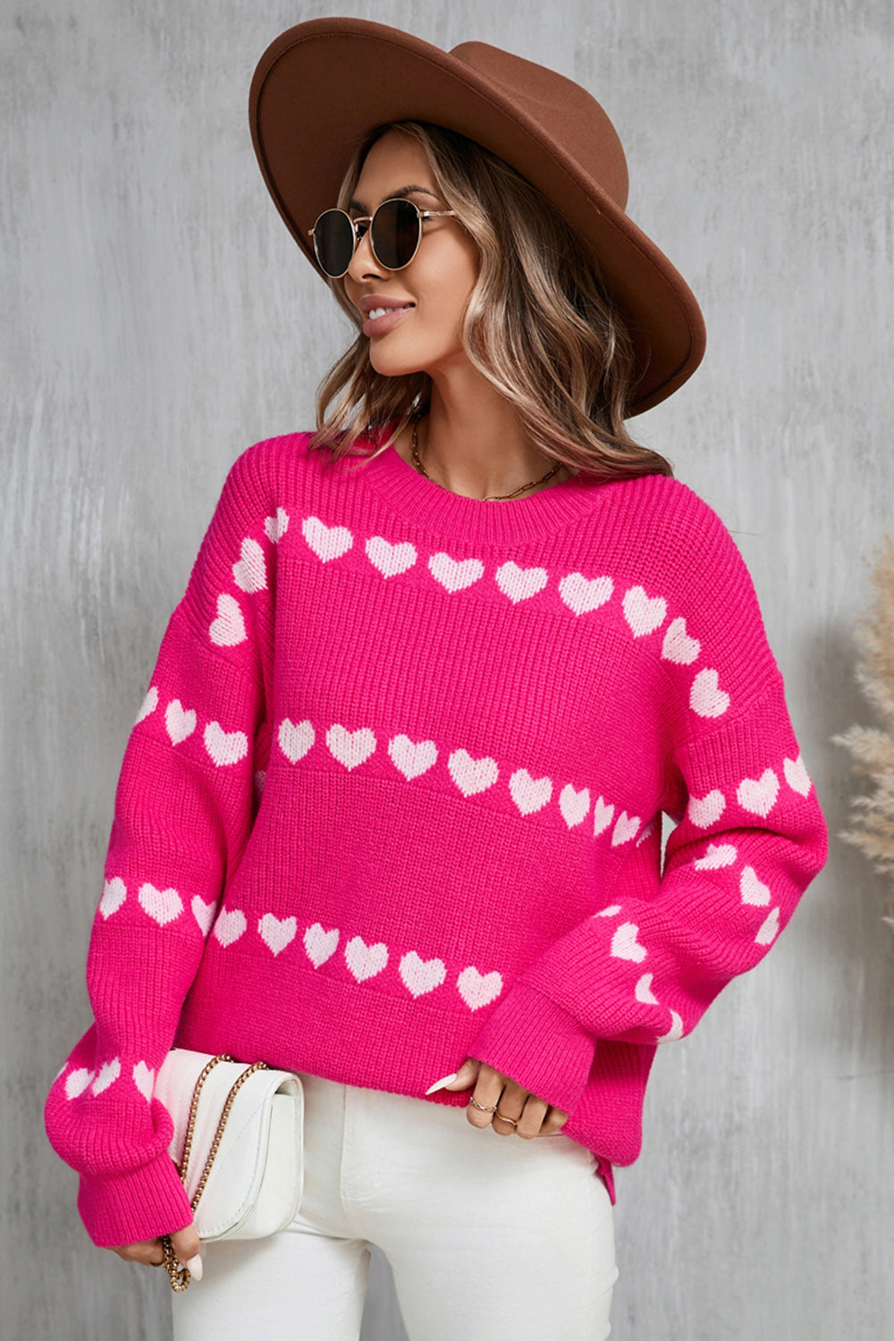 White Red Heart Print Long Sleeve Crew Neck Sweater - Image 16