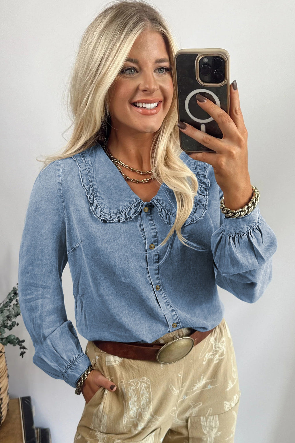 Beau Blue Ruffled Peter Pan Collar Western Denim Shirt