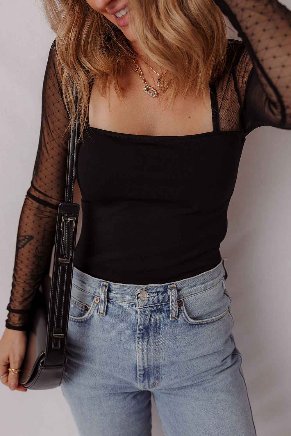 Black Polka Dot Mesh Long Sleeve Square Neck Bodysuit
