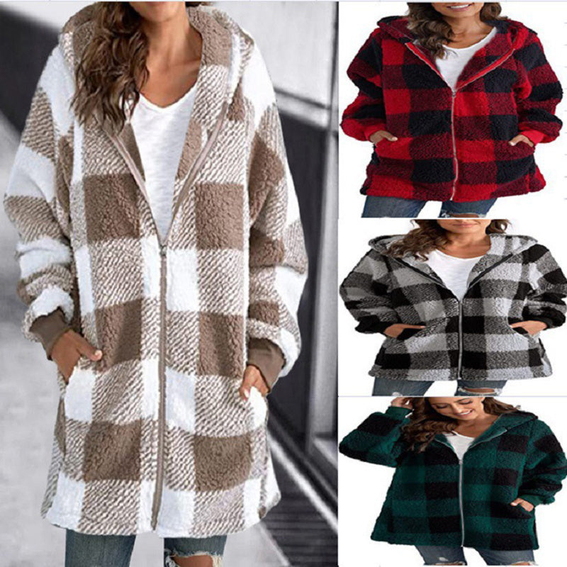 A variety of women's oversized plaid hooded fleece jackets shown in different color options, including red, black/white, and green.