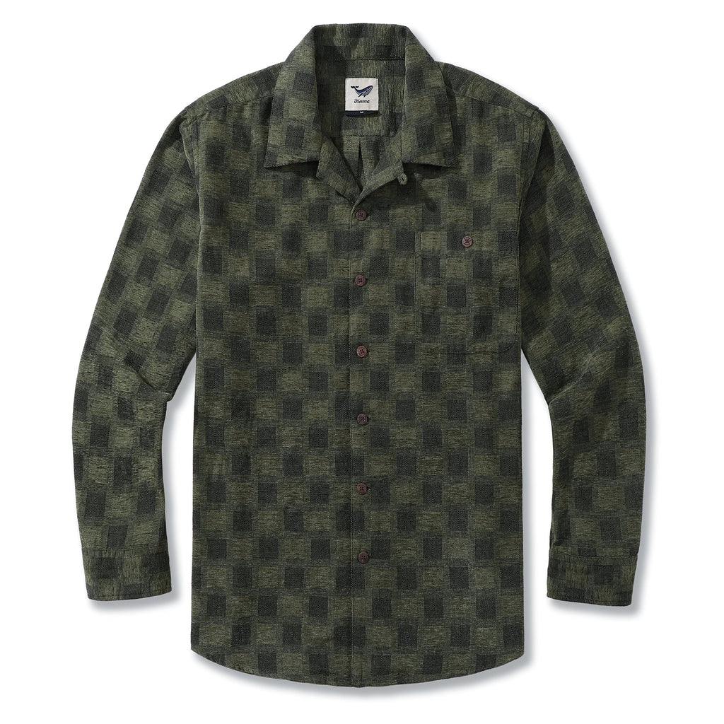 Men's olive green long-sleeve shirt with a classic check pattern and camp collar