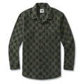 Men's olive green long-sleeve shirt with a classic check pattern and camp collar