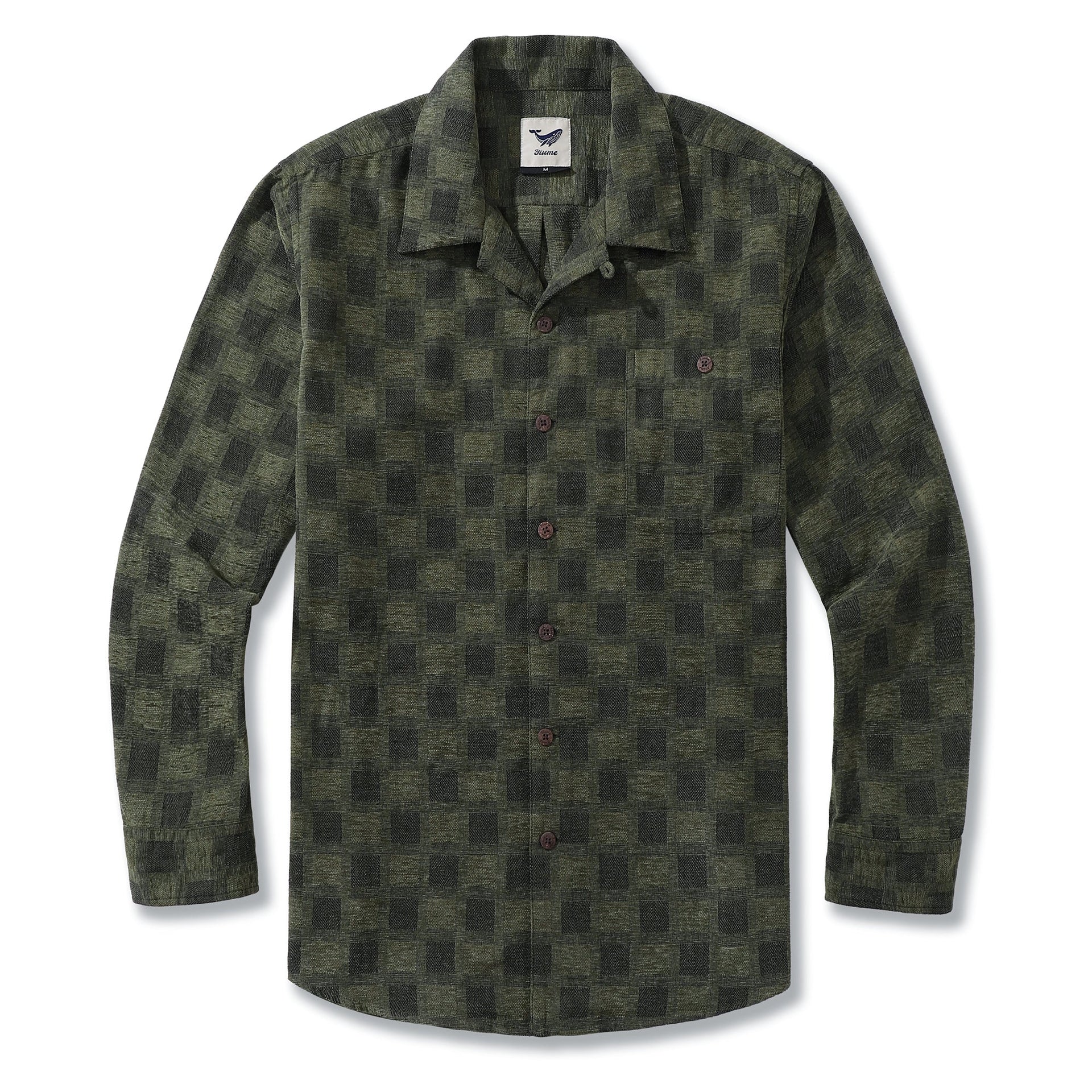 Men's olive green long-sleeve shirt with a classic check pattern and camp collar