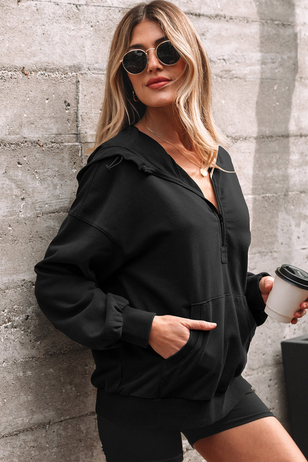 Black Half Zip Kangaroo Pocket Mineral Wash Baggy Hoodie