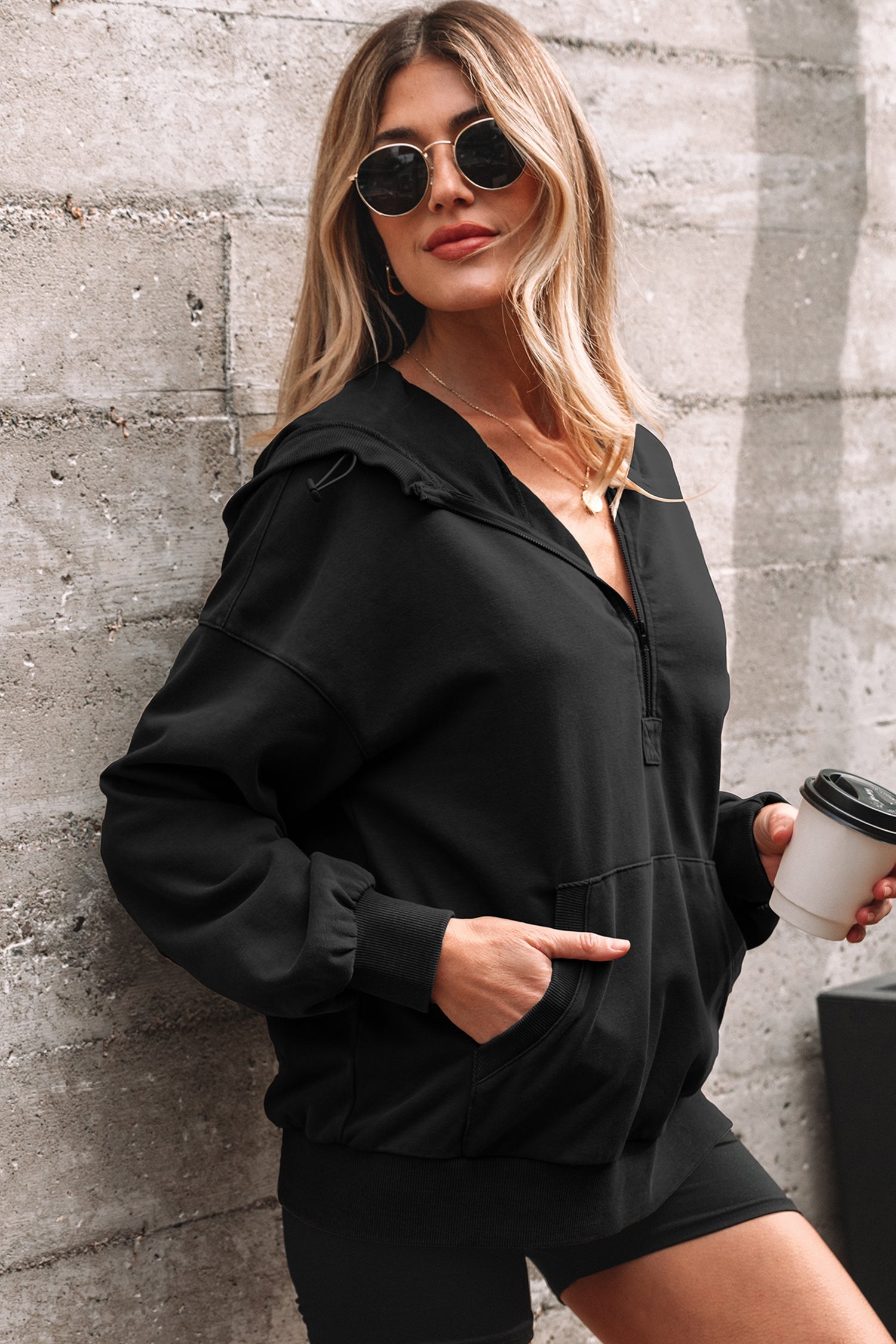 Black Half Zip Kangaroo Pocket Mineral Wash Baggy Hoodie