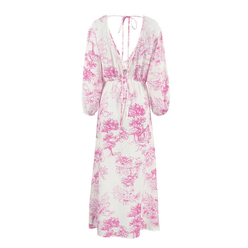 Floral A-Line V-Neck Dress with Lantern Sleeves in Cotton Linen