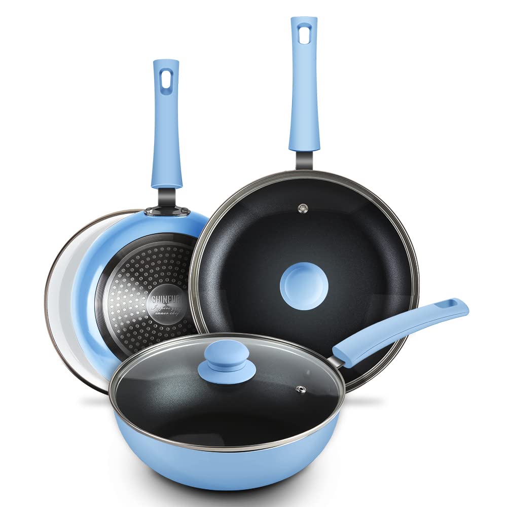 SHINEURI Frying Pans 6 Pieces Nonstick Cookware Set 9.5” and 11” Frying Pan Skillet Pan and Wok with Lid Ceramic Cookware Set
