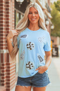 Light Blue Sequin Patched Cheer Game Day T-Shirt