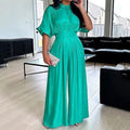 Emerald Green Satin Wide-Leg Jumpsuit with Bat Sleeves