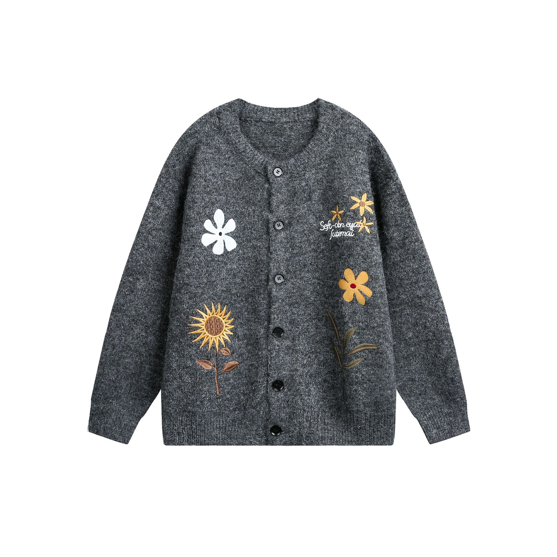Women’s Grey Retro Floral Embroidered Cardigan Sweater - Image 6