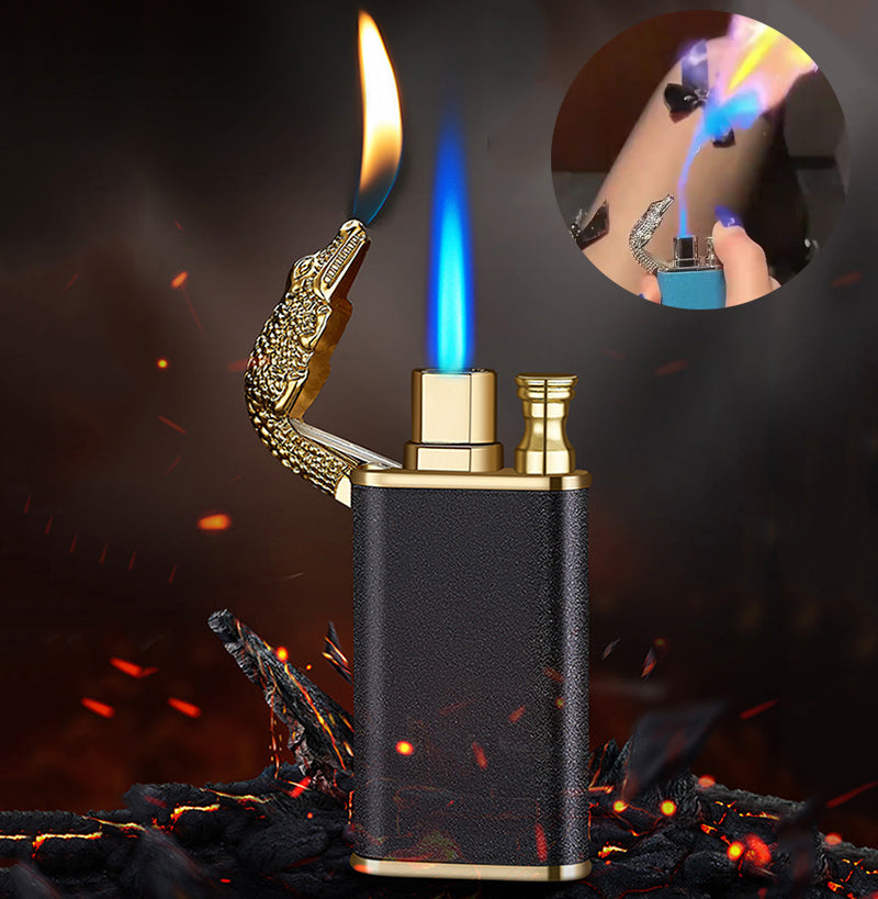Decorative metal windproof lighter with blue jet flame and dragon/tiger/dolphin motif