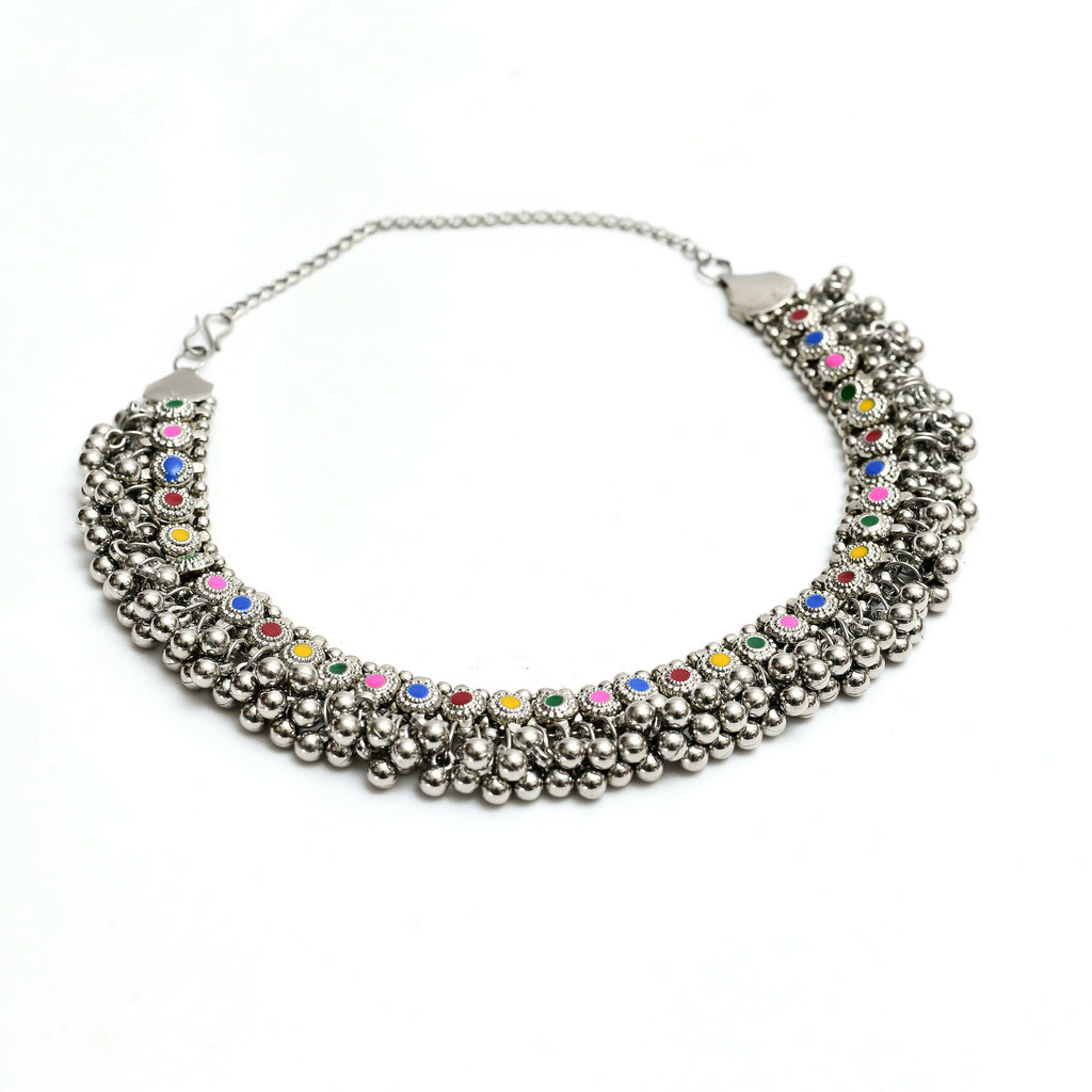 Oxidised Silver-Plated Meena Work Choker Set for Women
