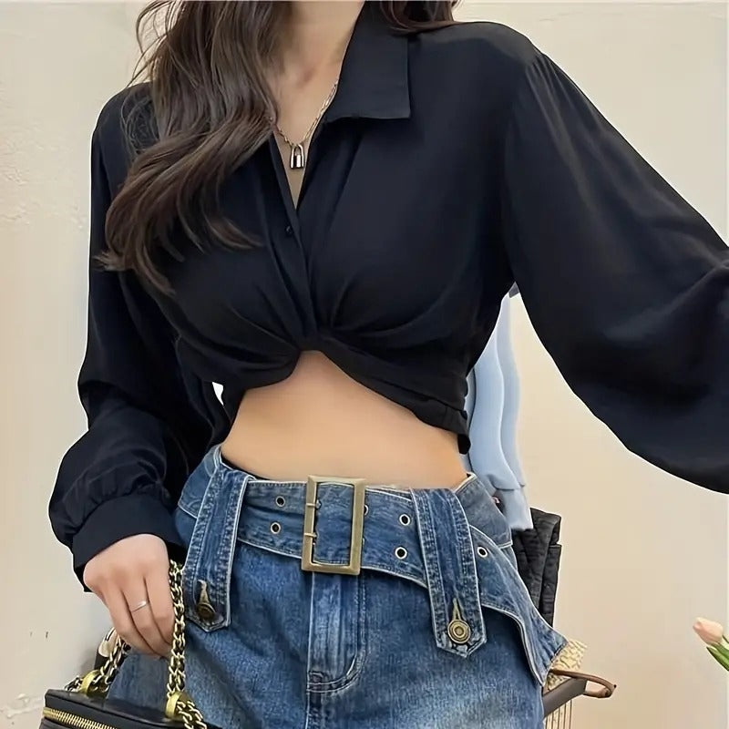 Elegant Puffy Long Sleeve Cropped Blouse for Women