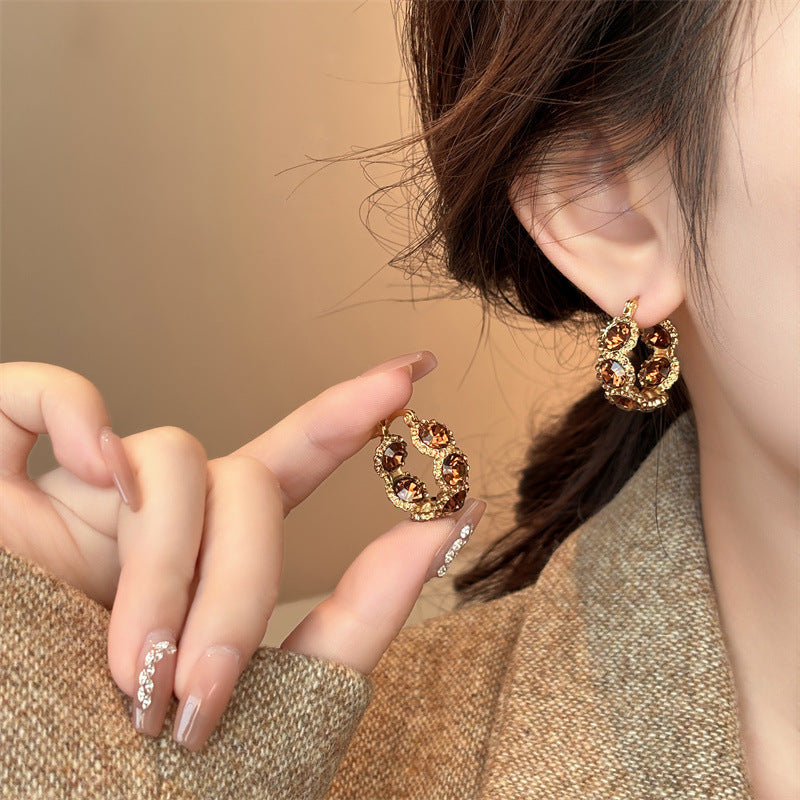 Coffee Crystal Hoop Ear Clips Elegant Light-luxury U-Shape