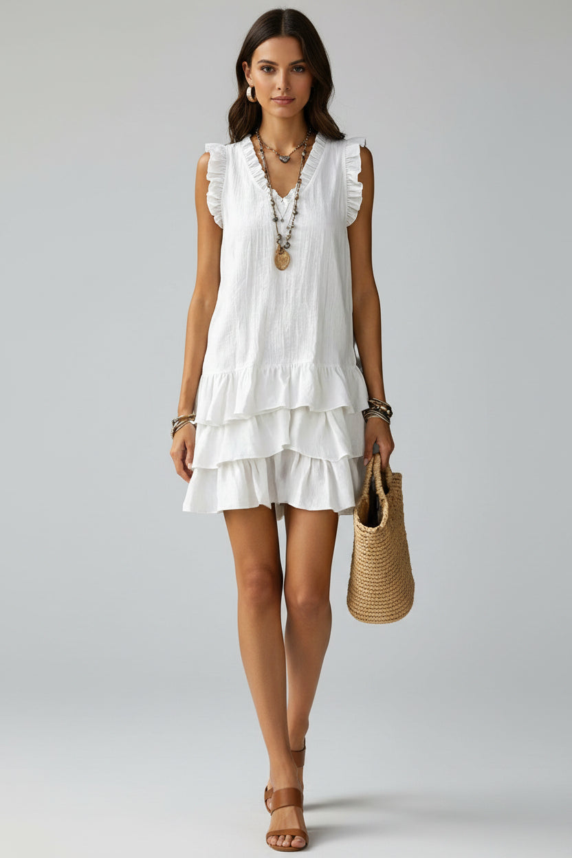 Model wearing a light blue sleeveless tiered mini dress with ruffle trim detail.