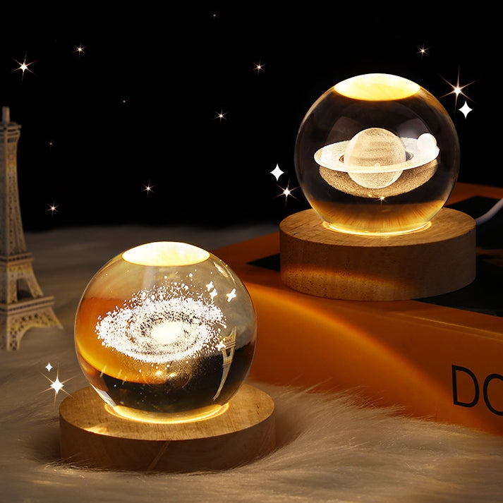 3D Crystal Ball Night Lamp with LED Nebula and Solar System Glow