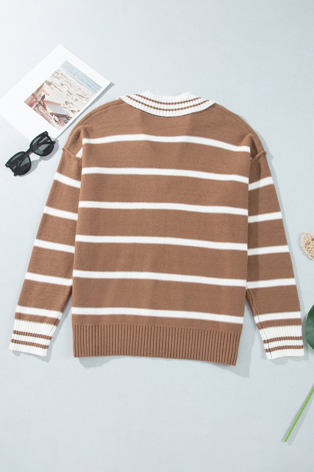 Plus Size Stripe Collared V-Neck Exposed Seam Sweater