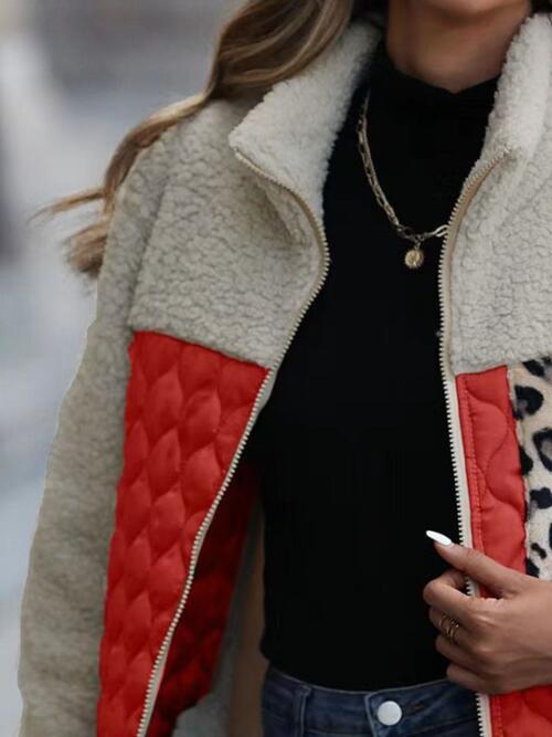 Women's Leopard Color Block Zip-Up Jacket
