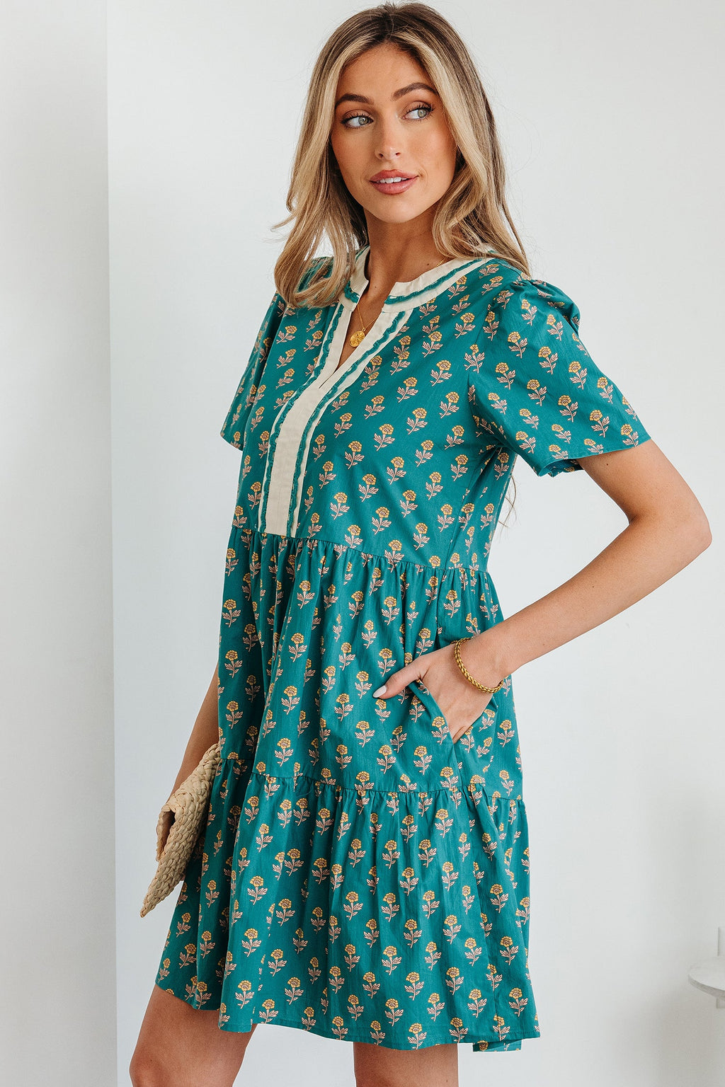 Clover Short Sleeve Floral V-Neck Dress with Contrast Trim